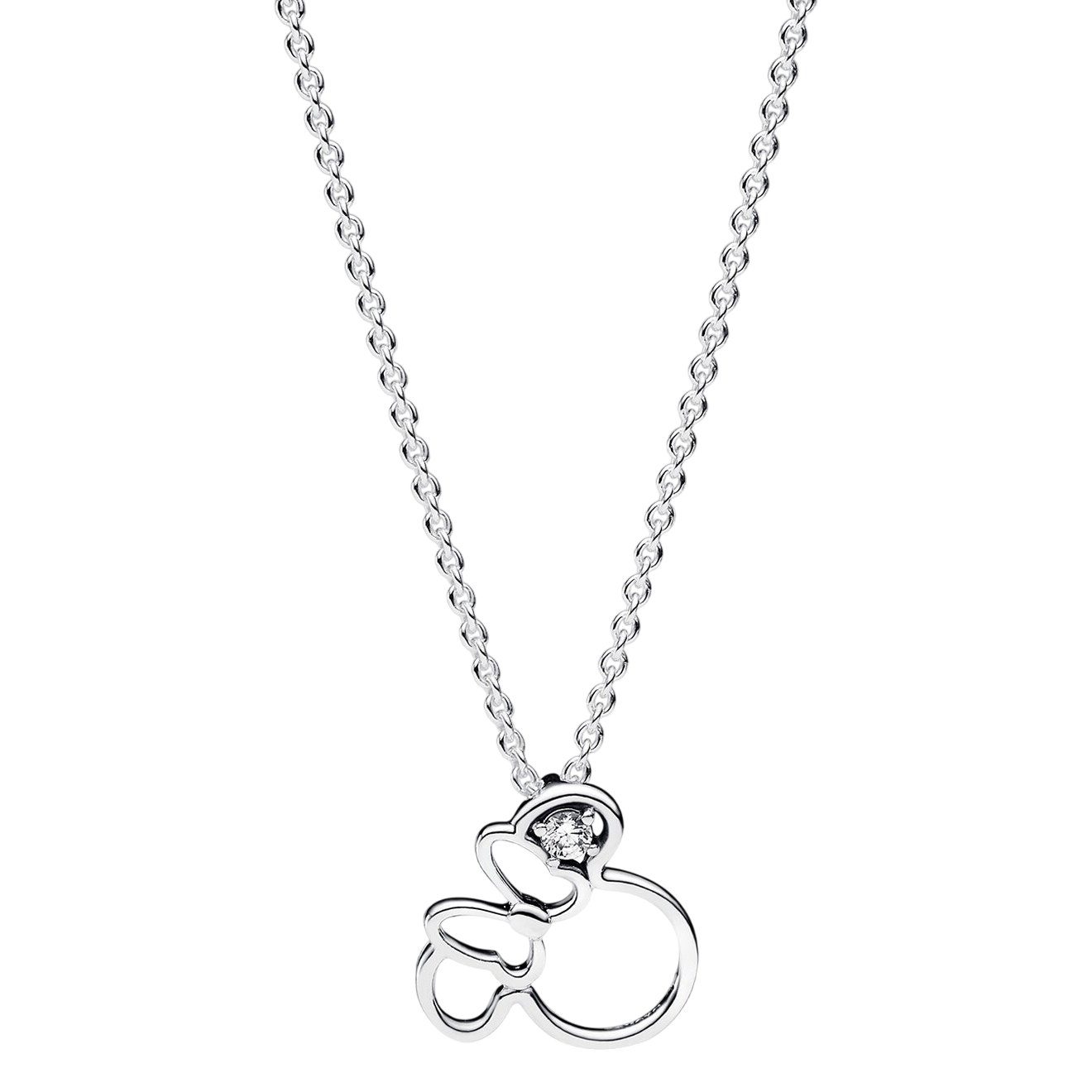 A silver necklace features an outline pendant resembling a stylized character with ears and a bow, accented with a small gemstone.