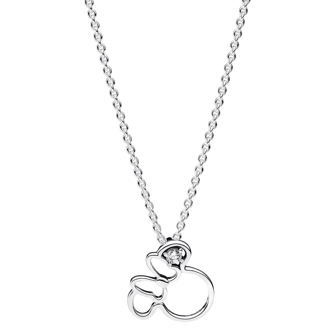 A silver necklace features an outline pendant resembling a stylized character with ears and a bow, accented with a small gemstone.