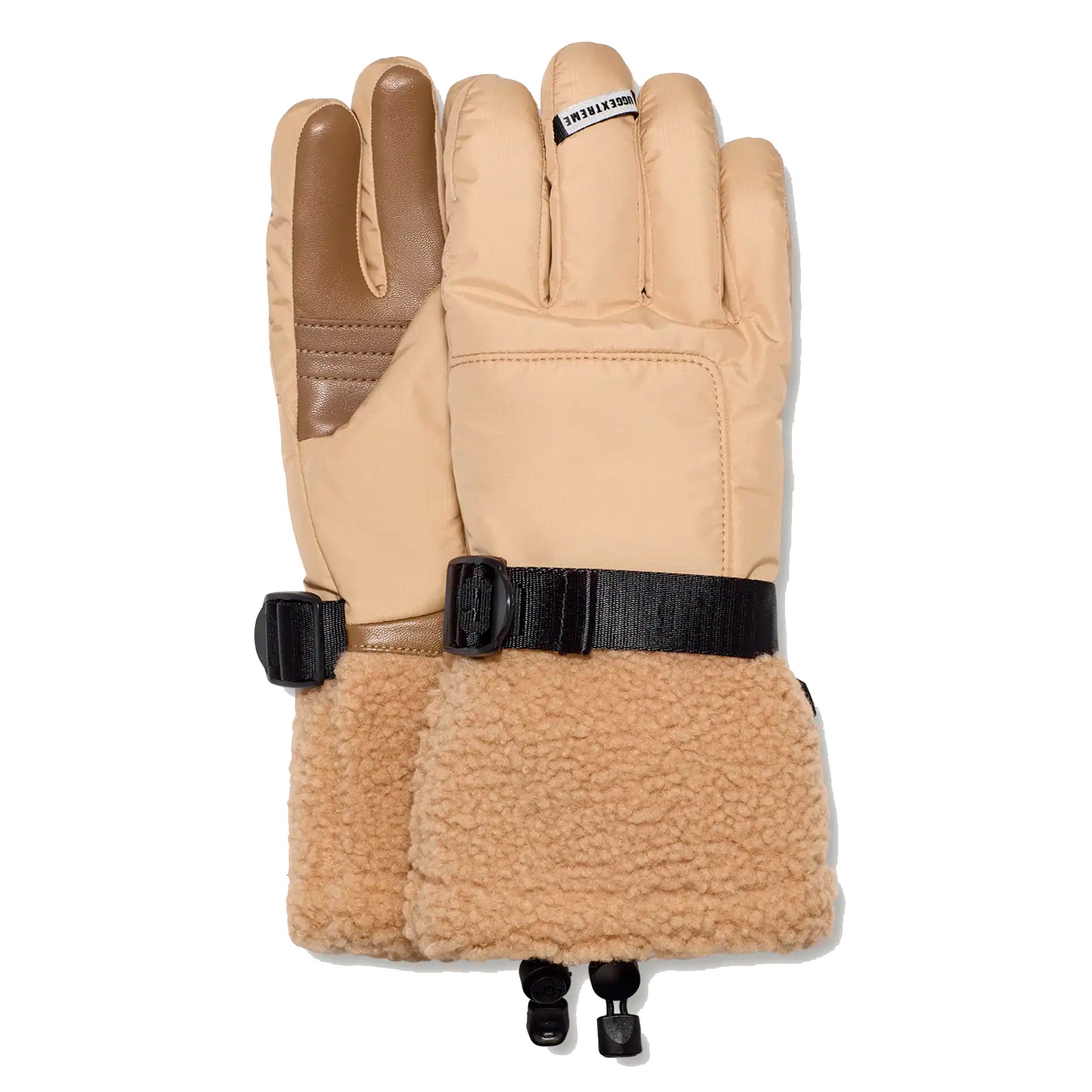 Tan winter gloves with fleece cuffs, adjustable buckle straps, and leather detailing on the fingers.