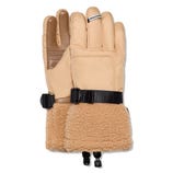 Tan winter gloves with fleece cuffs, adjustable buckle straps, and leather detailing on the fingers.