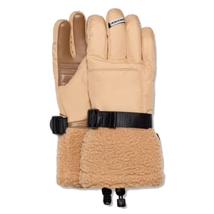 Tan winter gloves with fleece cuffs, adjustable buckle straps, and leather detailing on the fingers.