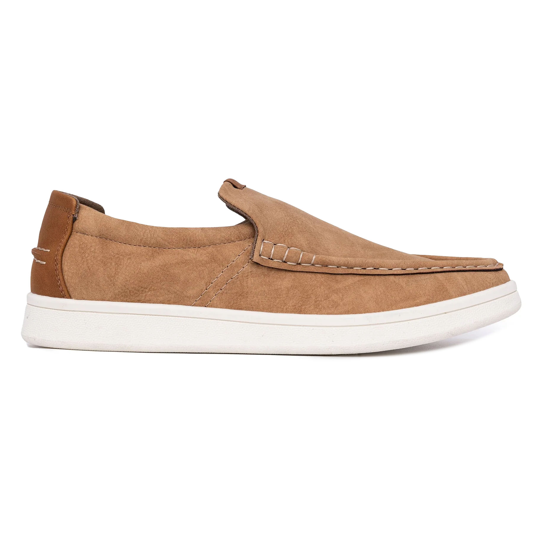 Tan slip-on boat shoes with a moc-toe design, featuring white stitching and a white rubber sole.