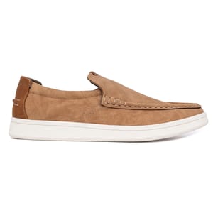 Tan slip-on boat shoes with a moc-toe design, featuring white stitching and a white rubber sole.
