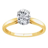 A gold engagement ring with a solitaire round-cut diamond set in a four-prong setting.