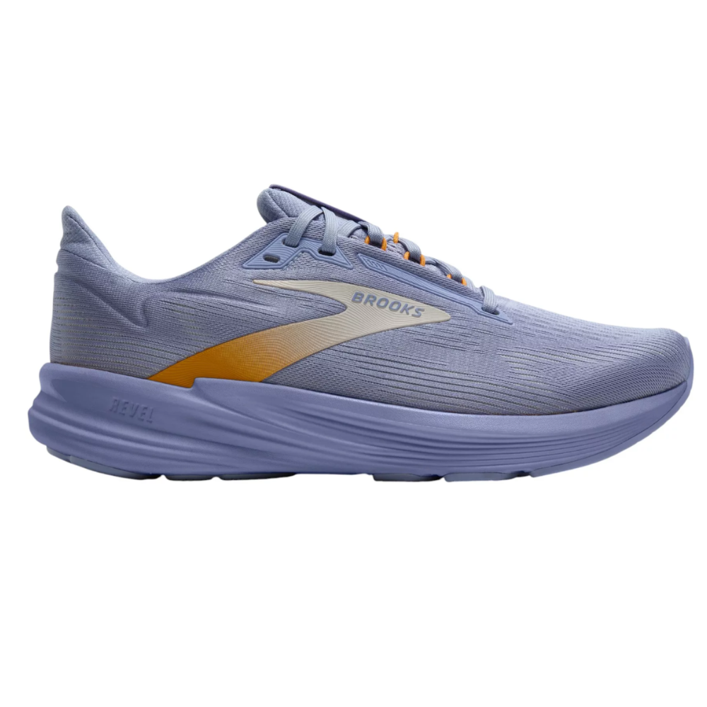 A purple and orange Brooks running shoe with a sleek design and \“Revel\“ branding on the midsole.