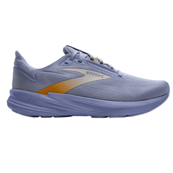 A purple and orange Brooks running shoe with a sleek design and \“Revel\“ branding on the midsole.
