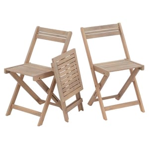 Three wooden folding chairs are shown, designed for outdoor use with a slatted back and seat, offering compact storage and durability in various weather conditions.