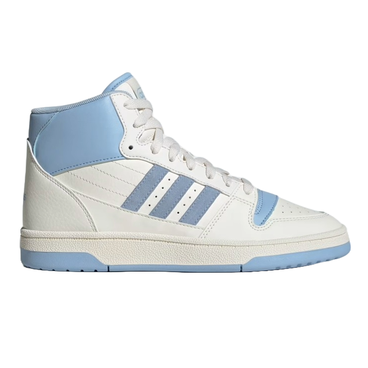 Adidas Women's Break Start Mid Shoes feature a mid-cut design in white with light blue accents, including the signature three stripes. The shoes have a textured sole and are made from a mix of synthetic materials and leather for a stylish, sporty look.