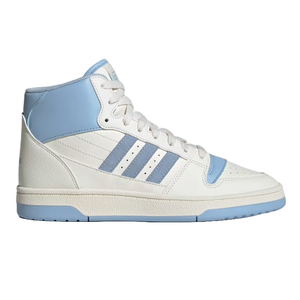 Adidas Women's Break Start Mid Shoes feature a mid-cut design in white with light blue accents, including the signature three stripes. The shoes have a textured sole and are made from a mix of synthetic materials and leather for a stylish, sporty look.