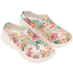 Floral-patterned slip-on shoes with a sturdy white sole, featuring vibrant colors like pink, orange, and teal.
