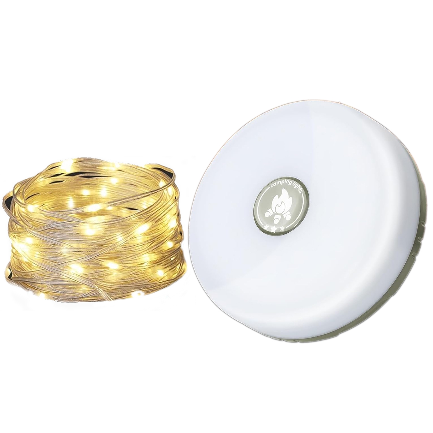 Round camping light with a central button featuring a campfire icon, alongside a coiled string of warm white fairy lights.