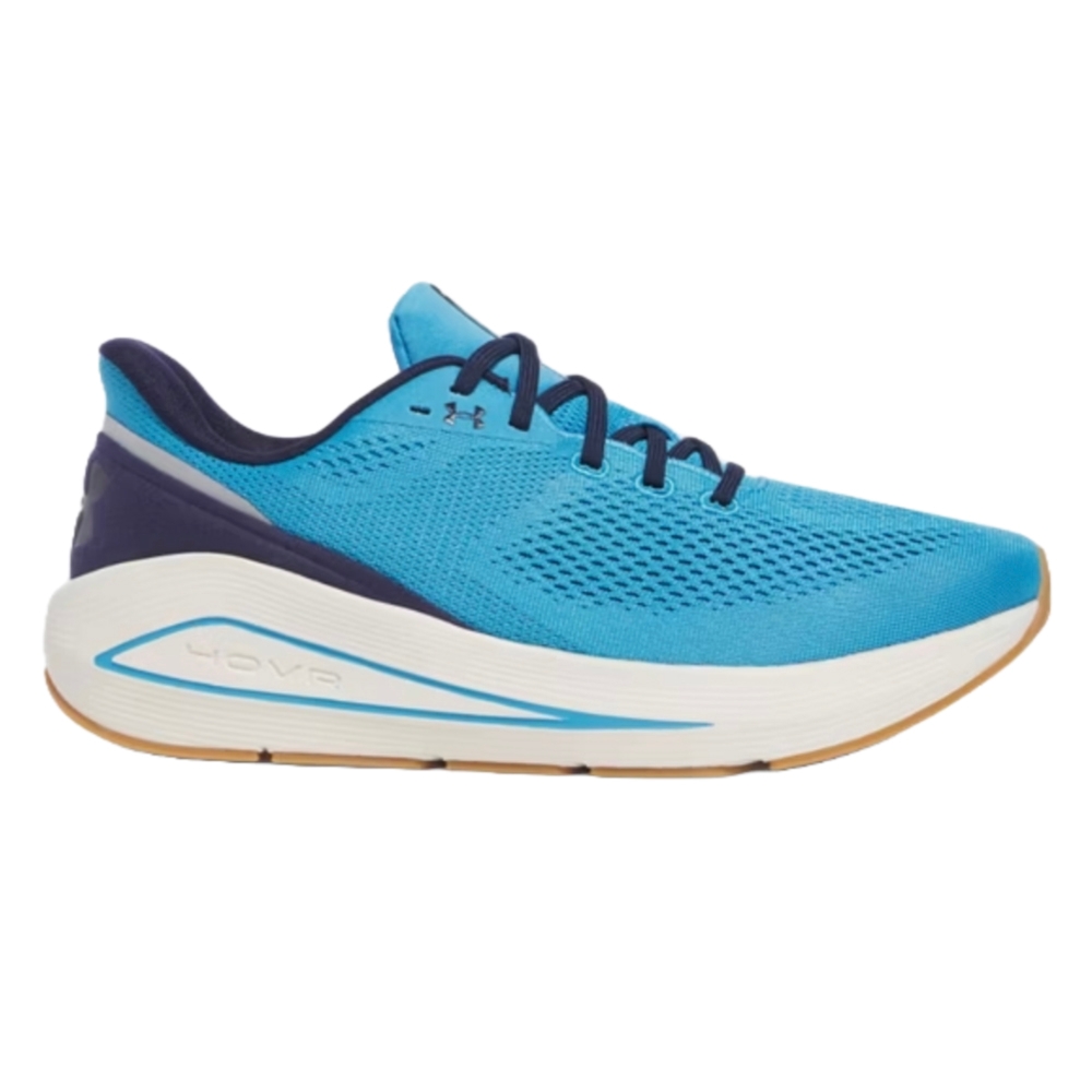 Blue Under Armour Sonic 7 running shoes with a breathable mesh upper, white cushioned midsole marked with \“HOVR,\“ and navy accents.