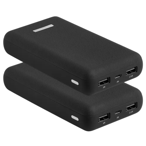 Two black portable power banks with a textured finish, each featuring two USB output ports (1A and 2.1A) and a micro-USB input port.