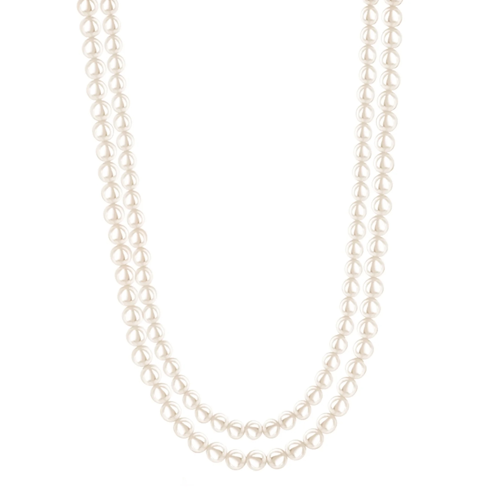 A double-strand necklace made of white pearls, featuring round, evenly sized beads with a glossy finish. The strands are designed to drape elegantly around the neck.
