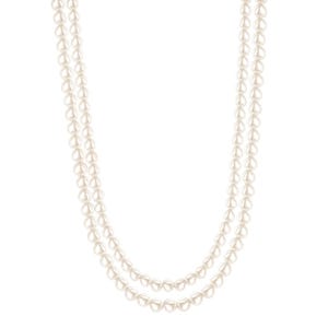 A double-strand necklace made of white pearls, featuring round, evenly sized beads with a glossy finish. The strands are designed to drape elegantly around the neck.