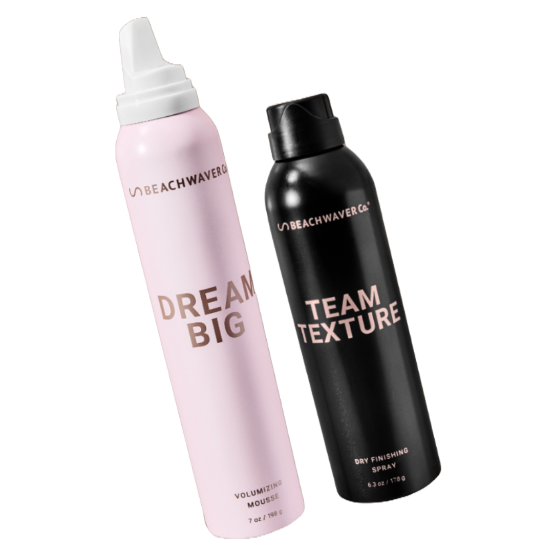Beachwaver 2pc Volumizing Bundle includes Dream Big Volumizing Mousse (7 oz/198 g) for volume and Team Texture Dry Finishing Spray (6.3 oz/179 g) for texture.