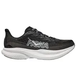 A black Hoka running shoe with a white sole, featuring the brand's logo on the side.