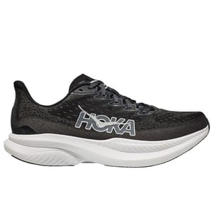 A black Hoka running shoe with a white sole, featuring the brand's logo on the side.