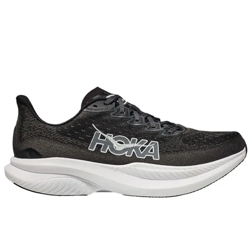 A black Hoka running shoe with a white sole, featuring the brand's logo on the side.