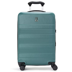 A teal hard-shell suitcase with four black spinner wheels and a retractable handle. The suitcase features horizontal grooves for design.