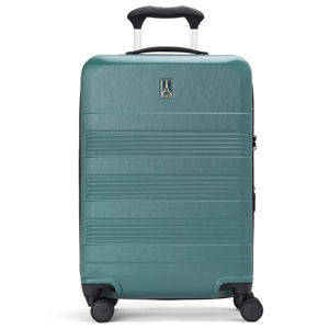 A teal hard-shell suitcase with four black spinner wheels and a retractable handle. The suitcase features horizontal grooves for design.