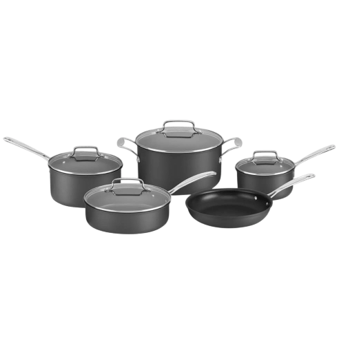A cookware set featuring a frying pan, two saucepans, a sauté pan, and a stockpot, all with lids and metal handles.