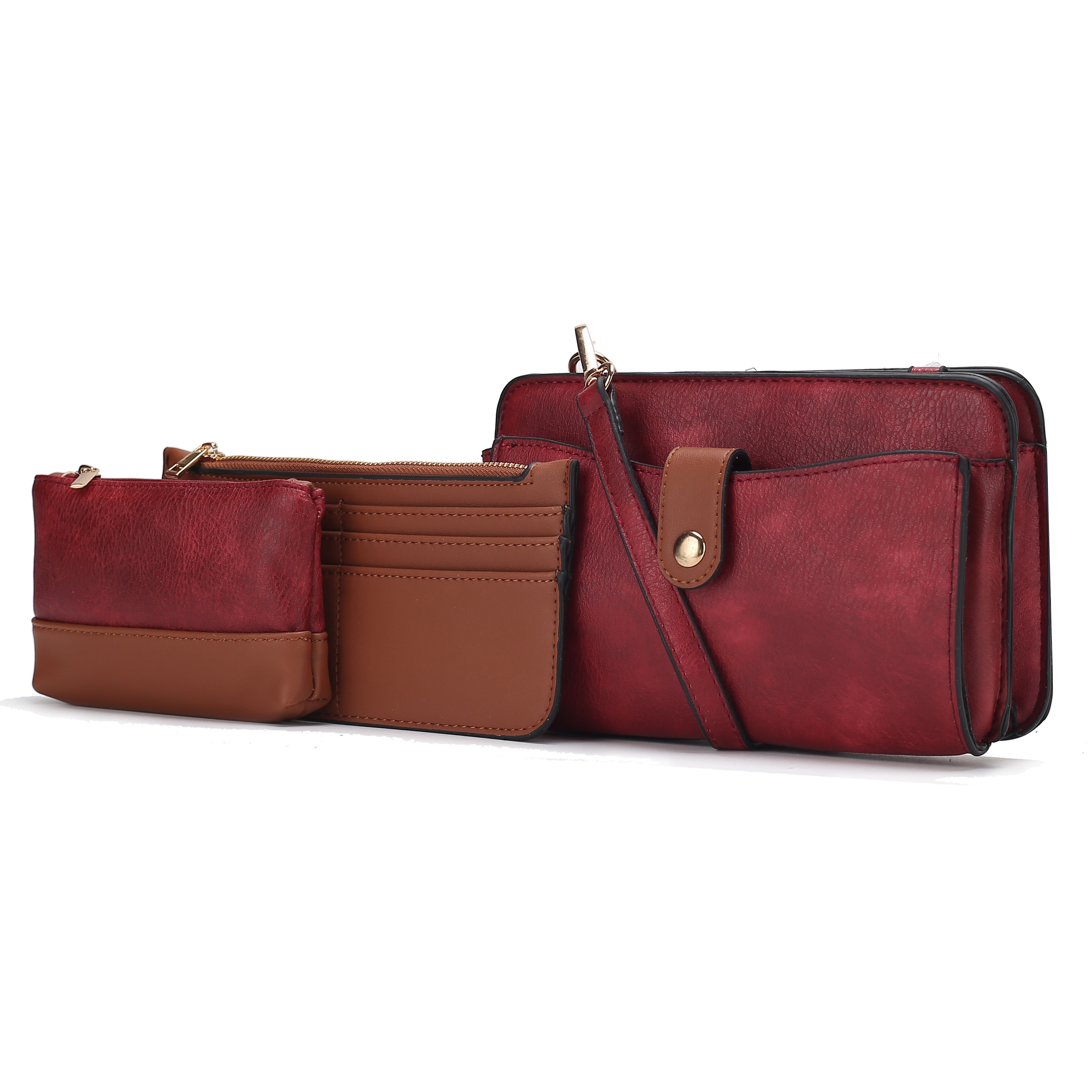 A set of leather accessories including a red crossbody bag, red and brown zip pouch, and a brown cardholder with multiple slots.
