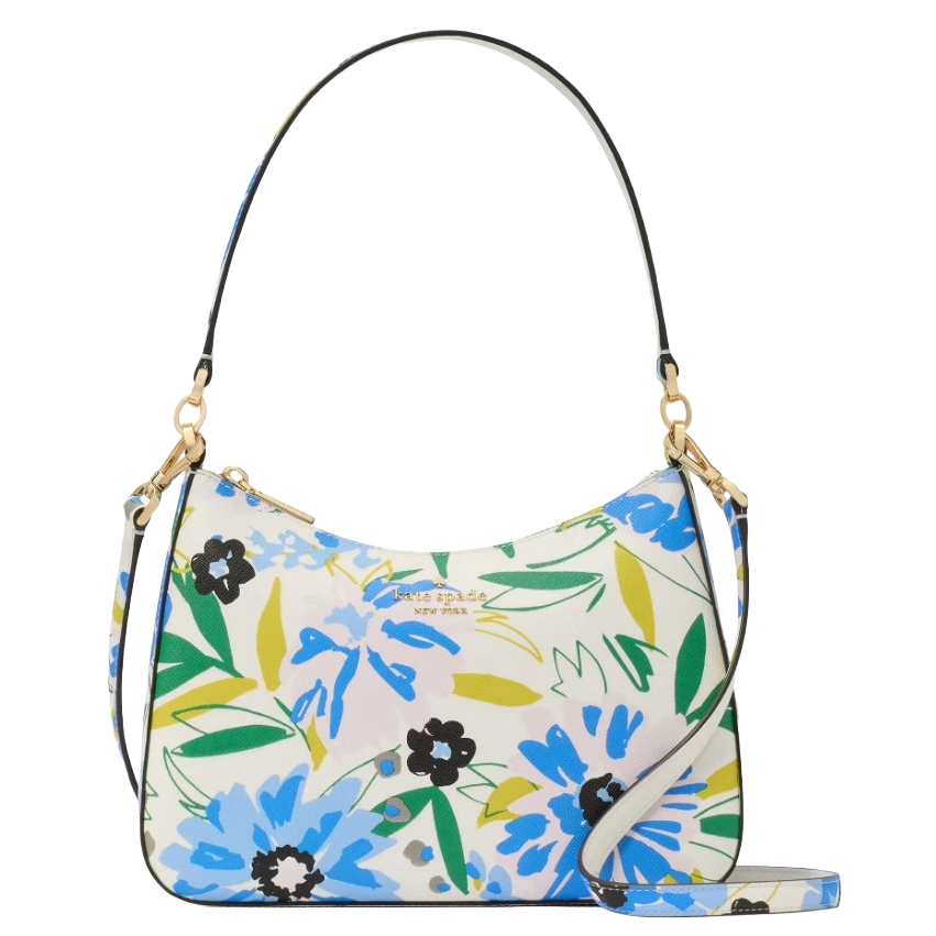 A floral-patterned Kate Spade New York handbag featuring a mix of blue, green, and yellow flowers. It has a detachable shoulder strap and gold hardware accents.