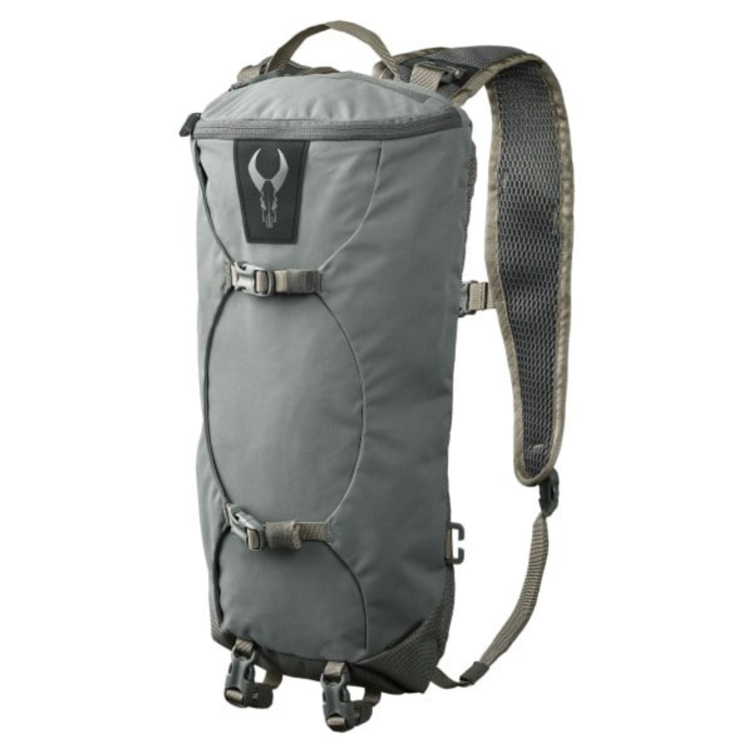 Gray cylindrical backpack with a top closure, adjustable shoulder straps, several buckles, and a logo resembling a bison skull on the upper front.