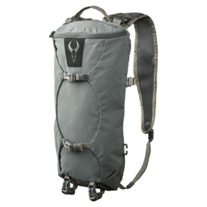 Gray cylindrical backpack with a top closure, adjustable shoulder straps, several buckles, and a logo resembling a bison skull on the upper front.