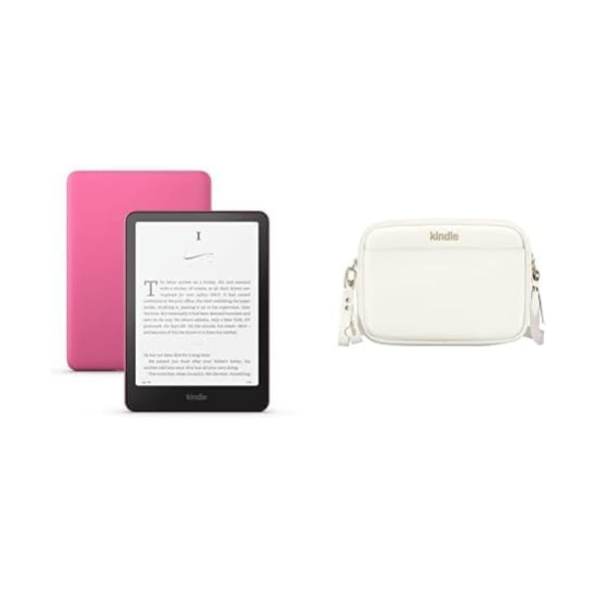 A Kindle e-reader with a pink cover is shown alongside a white Kindle-branded carrying case.