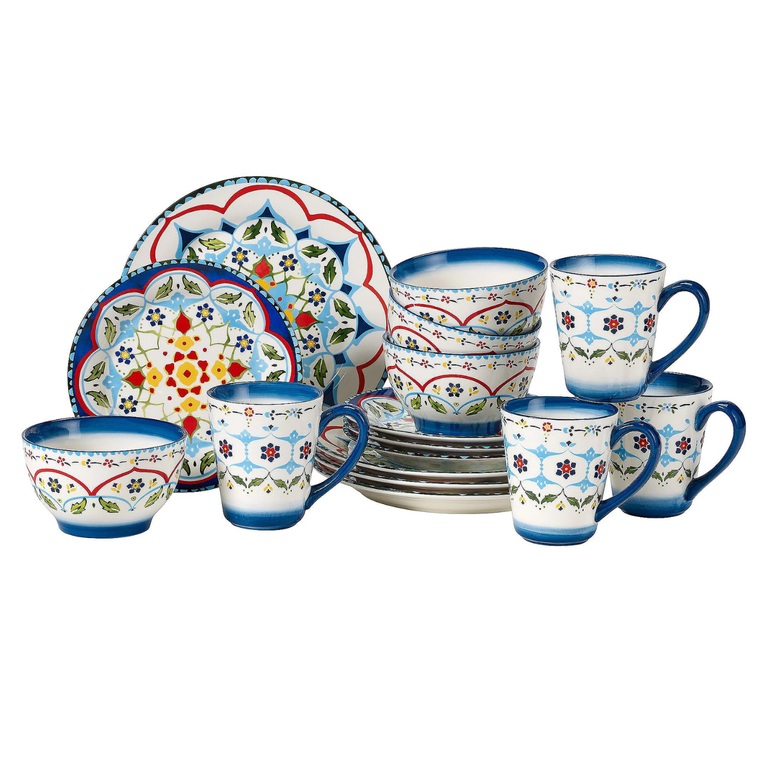 A colorful 16-piece dinnerware set featuring floral patterns with blue, red, yellow, and green accents, including plates, bowls, and mugs with blue rims.