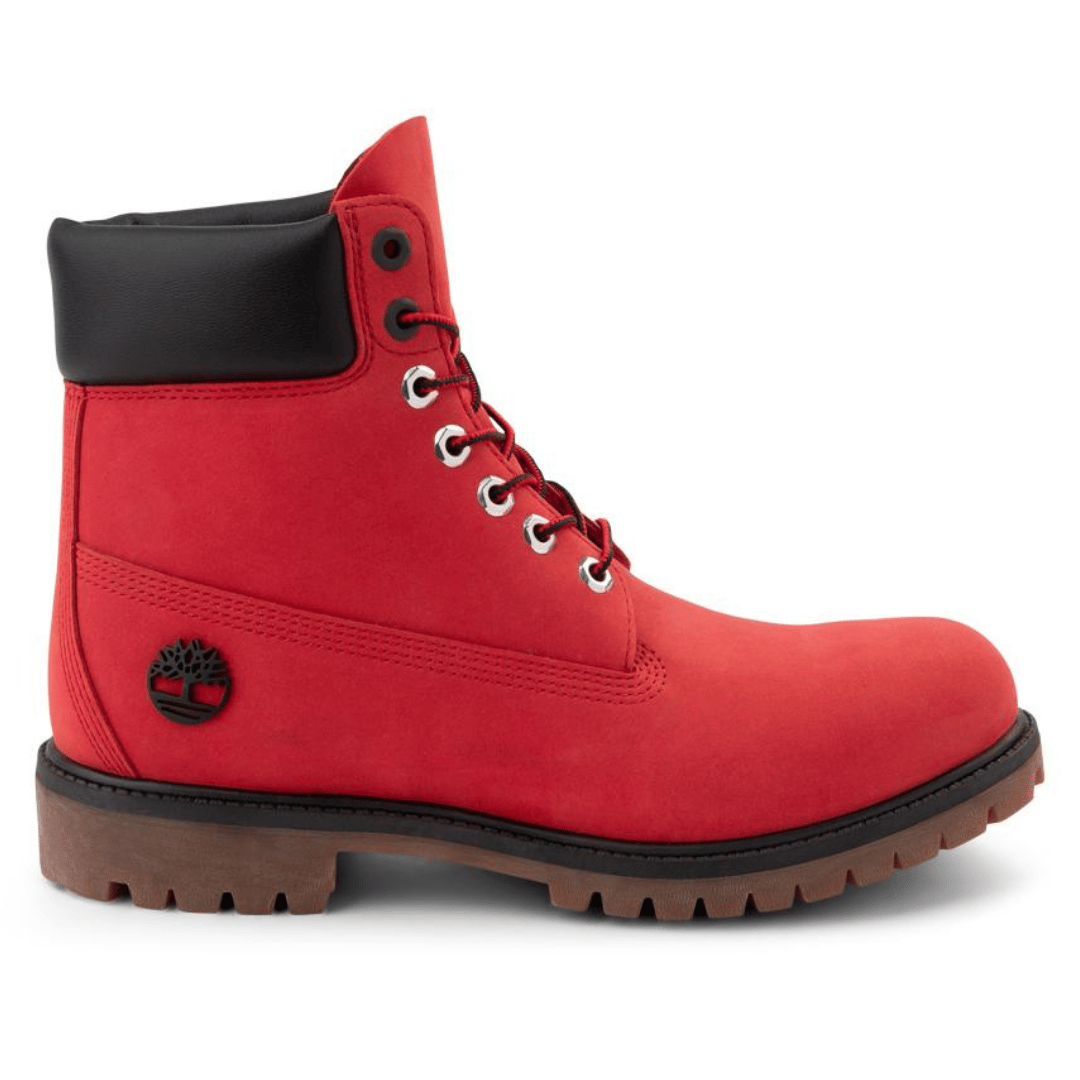Red lace-up ankle boot with a black collar and a logo on the side.
