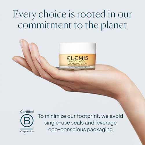 ELEMIS Pro-Collagen Cleansing Balm is showcased, emphasizing eco-conscious packaging with certified B Corporation status.