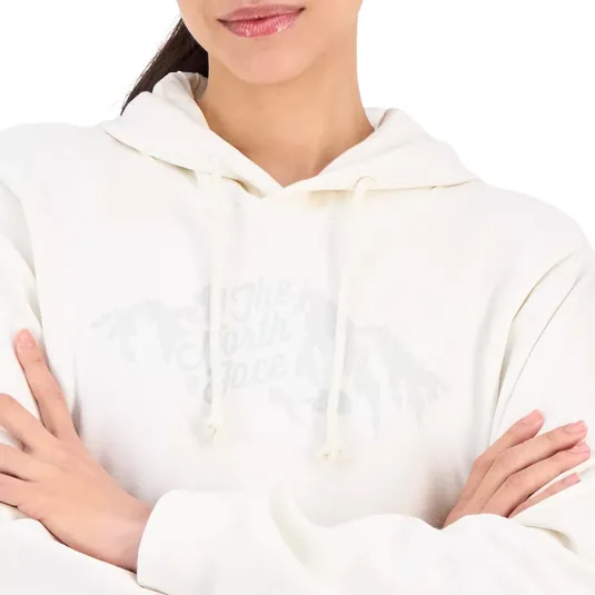 A person wearing a white hoodie with \“The North Face\“ logo on the front. The individual has crossed arms and glossy lips.