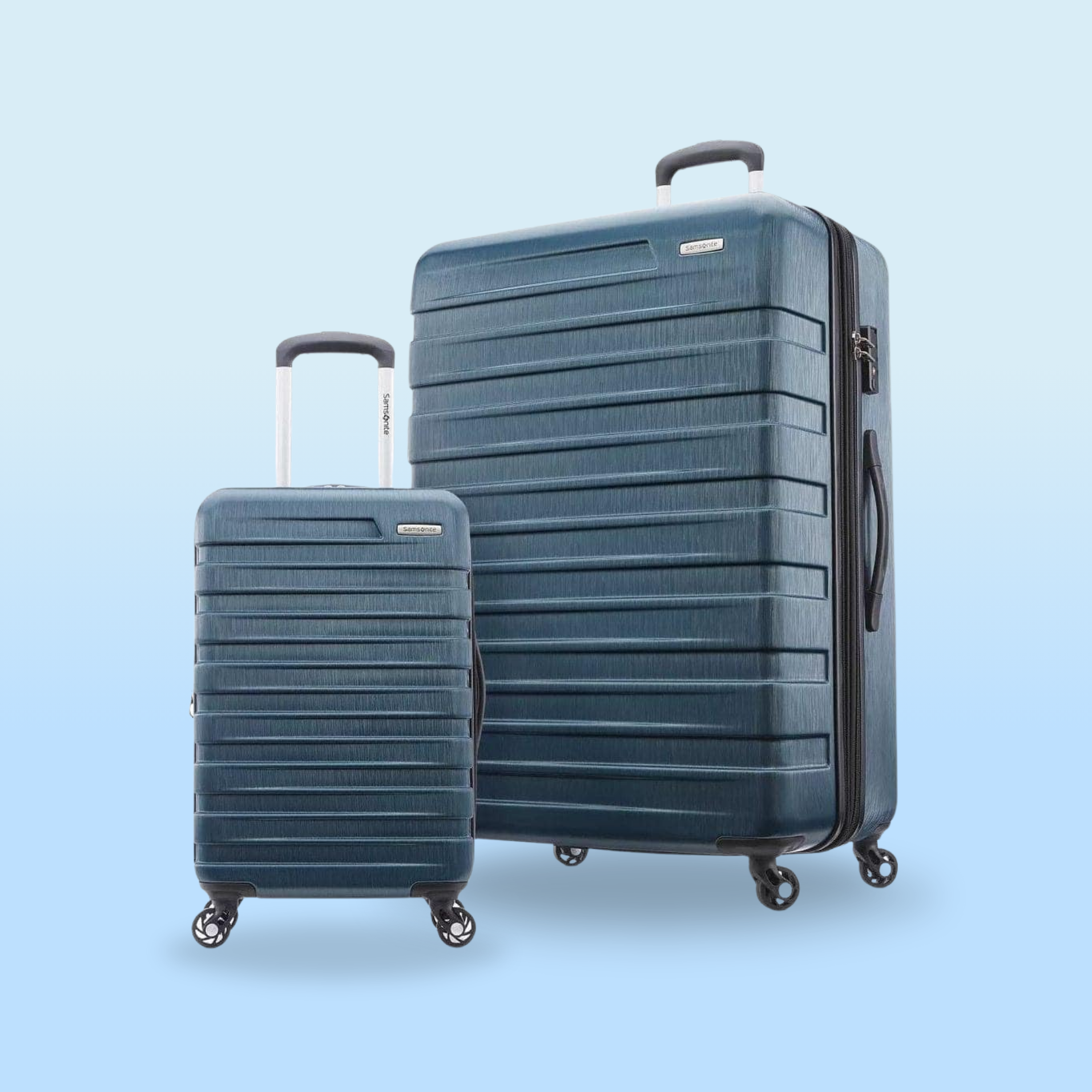 Two blue hard-shell suitcases with a textured design are shown, featuring telescopic handles and four spinner wheels for easy maneuverability.