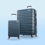 Two blue hard-shell suitcases with a textured design are shown, featuring telescopic handles and four spinner wheels for easy maneuverability.