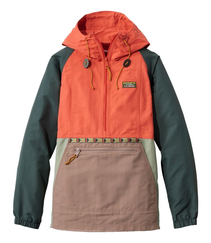 L.L.Bean Mountain Classic Anorak is a retro-style, color-blocked jacket featuring an orange hood and upper, green sleeves, and a tan lower section with a front zip pocket, elastic cuffs, and decorative trim.