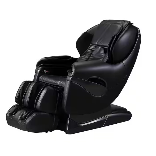 Black massage chair with padded headrest, armrests, and footrest, featuring a sleek design and multiple massage settings.
