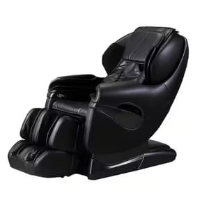 Black massage chair with padded headrest, armrests, and footrest, featuring a sleek design and multiple massage settings.