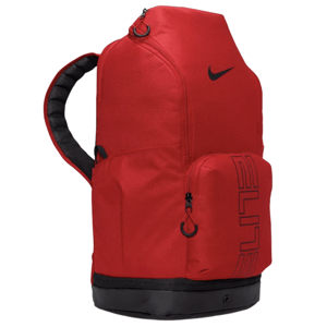 A red Nike backpack with a black logo and the word \“ELITE\“ on the front pocket, featuring padded straps and a durable base.