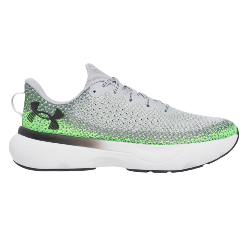 Gray and green athletic sneaker with a mesh upper, cushioned sole, and the Under Armour logo on the side.