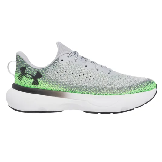 Gray and green athletic sneaker with a mesh upper, cushioned sole, and the Under Armour logo on the side.