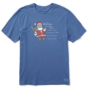 A blue t-shirt featuring a cartoon Santa Claus holding a book, with the text \“The 4 Stages of Life: 1. Believe in Santa 2. Don’t believe in Santa 3. Become Santa 4. Look like Santa.\“ The shirt promotes a humorous take on aging.