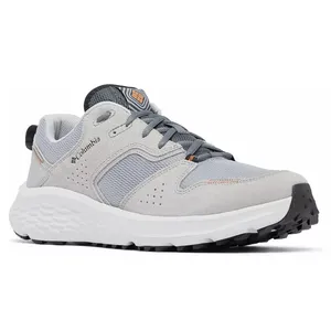 Gray Columbia sneaker with mesh and suede upper, lace-up design, and textured rubber sole for traction.