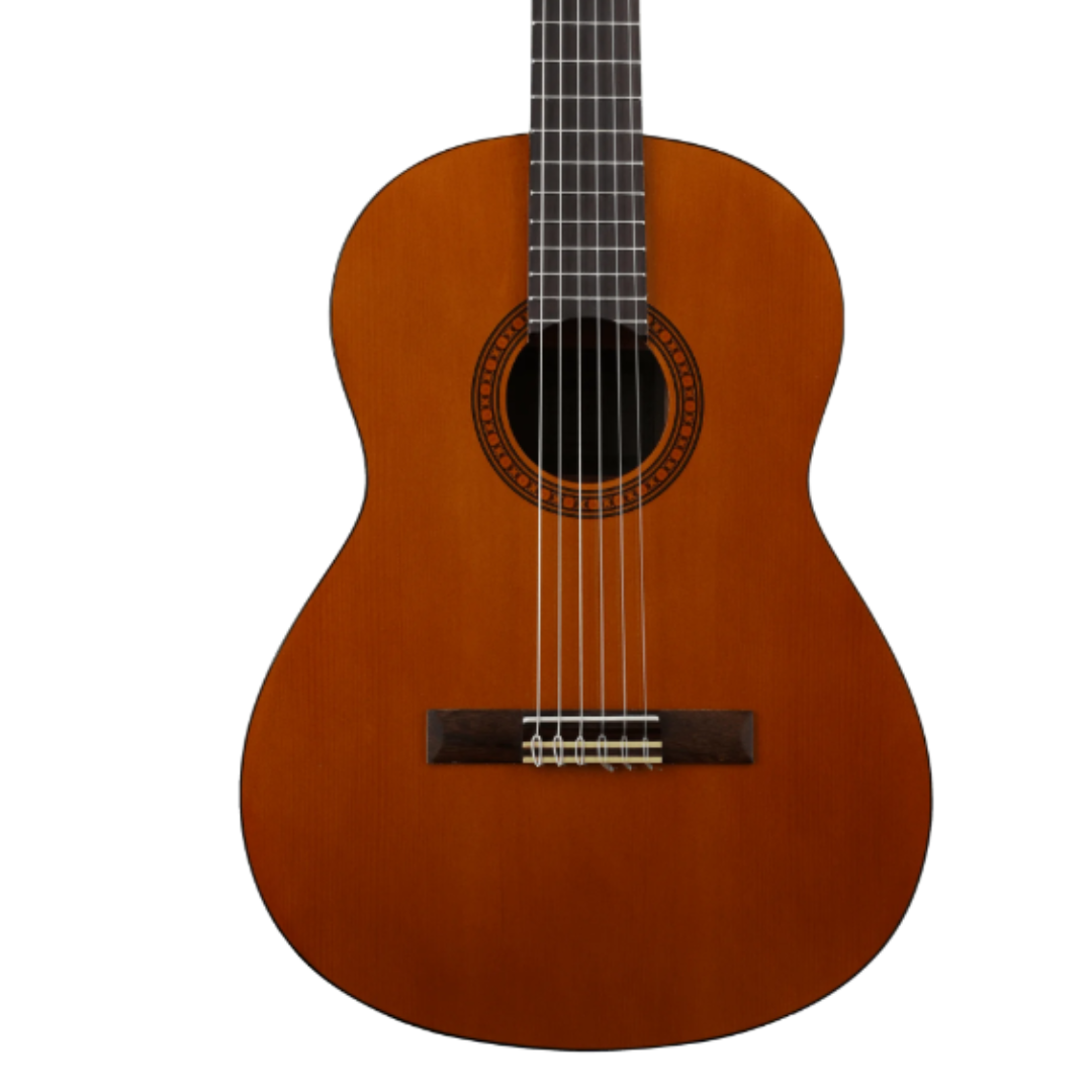 A classical acoustic guitar with a traditional wooden design and six strings.