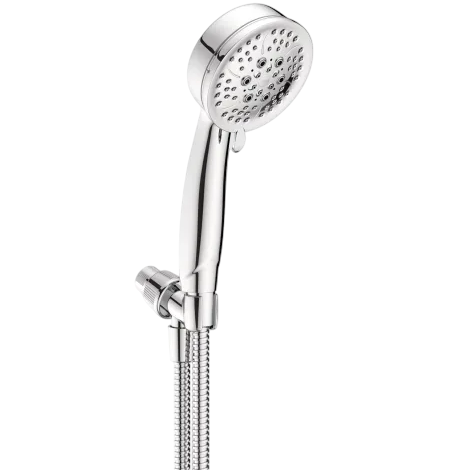 Handheld showerhead with a chrome finish, featuring multiple spray settings and a flexible hose.