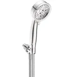 Handheld showerhead with a chrome finish, featuring multiple spray settings and a flexible hose.