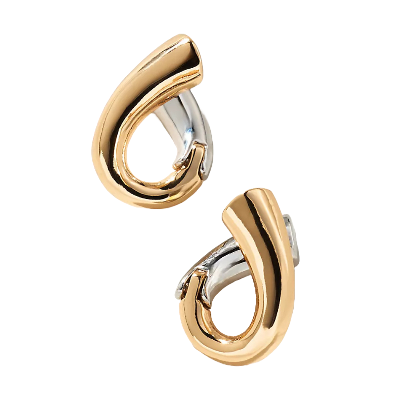 Gold and silver-tone hoop earrings with a sleek, modern design, featuring intertwined curves.