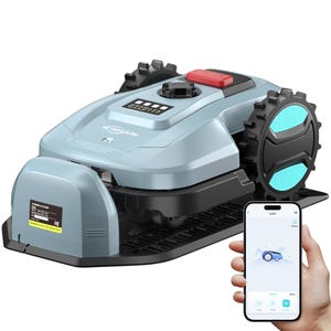 A robotic lawn mower with rugged wheels and digital controls, accompanied by a smartphone showing a connected app interface for remote operation.